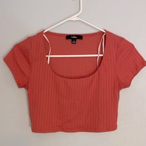 Cropped coral ribbed scoop neck top